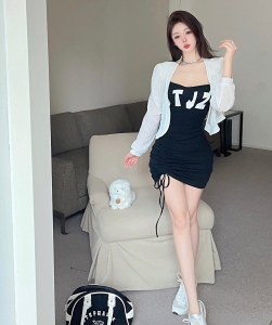 TR38830# 性感套装辣妹防晒衫吊带连衣裙抽绳修身短裙收腰紧身包臀裙 服装批发女装批发服饰货源