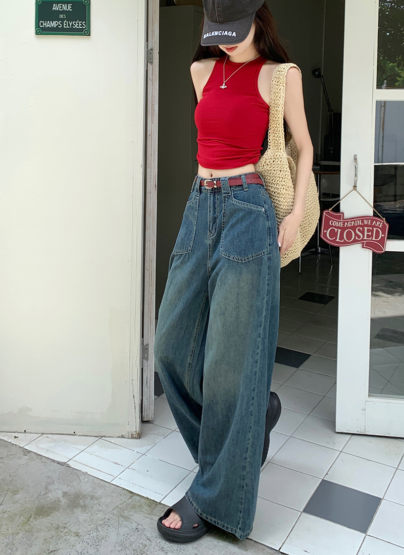 2023 Autumn New Washed Distressed Jeans Women's High Waist Straight Casual American Wide Leg Pants