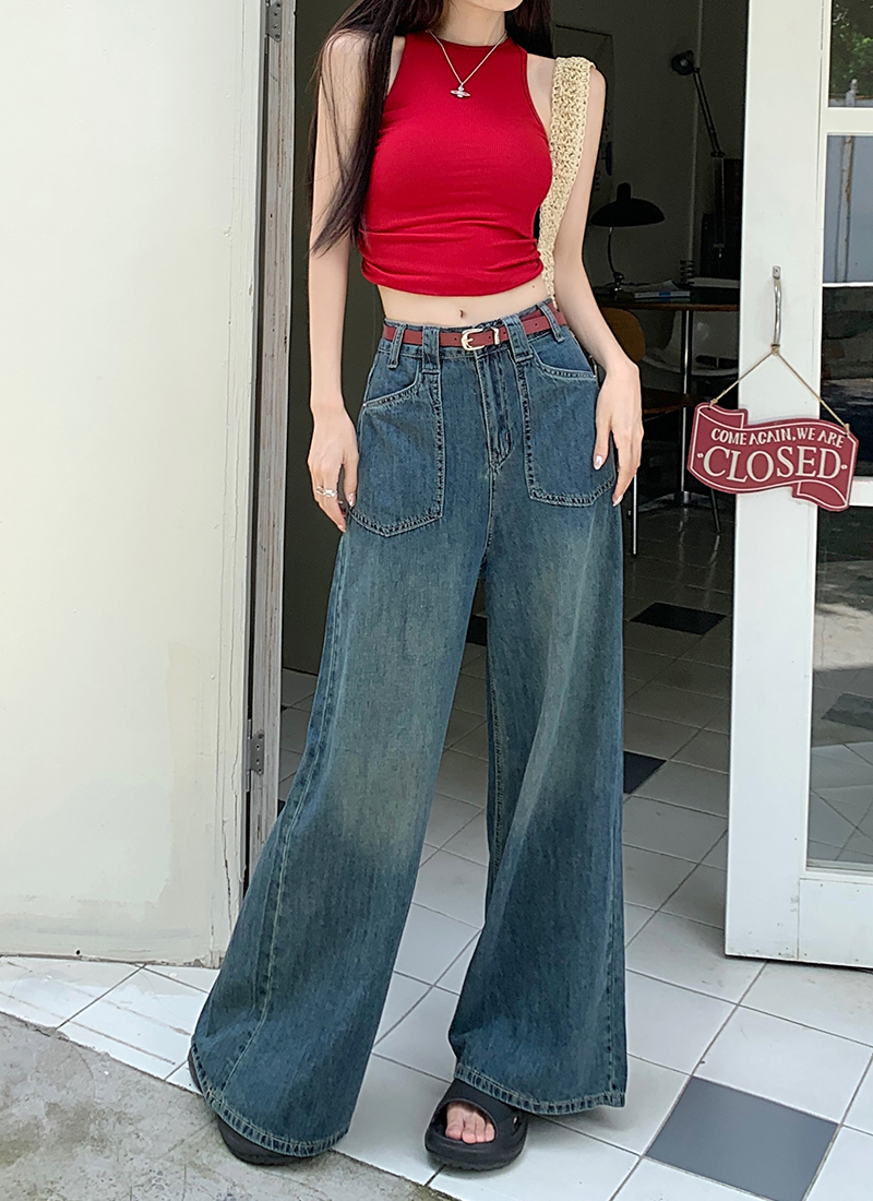 2023 Autumn New Washed Distressed Jeans Women's High Waist Straight Casual American Wide Leg Pants