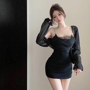 TR38831# 两件套装辣妹防晒衬衣外套+链条网纱拼接包臀纯欲打底吊带 服装批发女装批发服饰货源