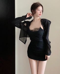 TR38831# 两件套装辣妹防晒衬衣外套+链条网纱拼接包臀纯欲打底吊带 服装批发女装批发服饰货源