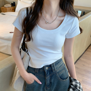 RM19611#纯色短袖t恤女夏季正肩短款紧身体恤韩版简约百搭显瘦半袖上衣服