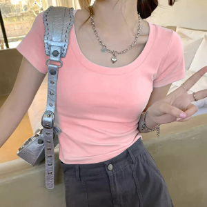 RM19611#纯色短袖t恤女夏季正肩短款紧身体恤韩版简约百搭显瘦半袖上衣服