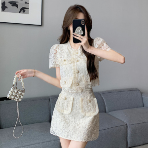 RM21497#夏季新款高级感小香风蕾丝上衣两件套高腰半身裙