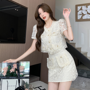RM21497#夏季新款高级感小香风蕾丝上衣两件套高腰半身裙