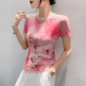 RM22395#夏季时尚纱网印花定位花短袖圆领修身显瘦洋气上衣潮
