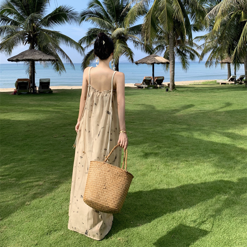 Best U印花連衣裙女夏季新款法式小眾吊帶裙水墨感長裙寬松裙子