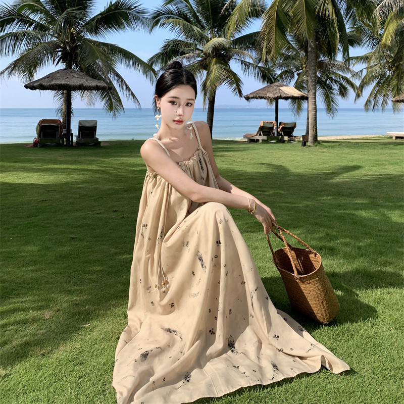 Best U印花連衣裙女夏季新款法式小眾吊帶裙水墨感長裙寬松裙子