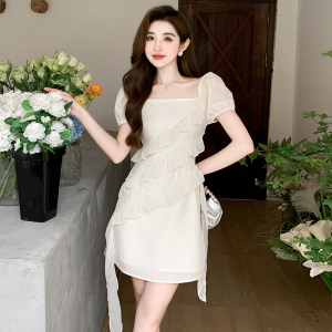 RM20111#夏季新品韩系荷叶边设计感拼接方领收腰显瘦洋气减龄连衣裙