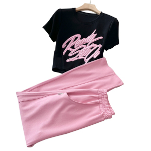 RM17223#运动休闲套装女夏2023小个子时尚黑色上衣粉色阔腿裤两件