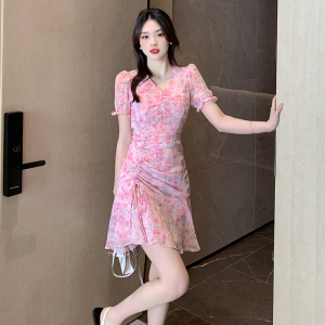 RM21978#夏季新款V领修身时尚印花雪纺温柔气质连衣裙