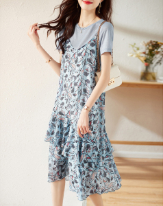 RM19086#假两件套雪纺连衣裙女2023夏季新款宽松显瘦减龄碎花拼接吊带裙子