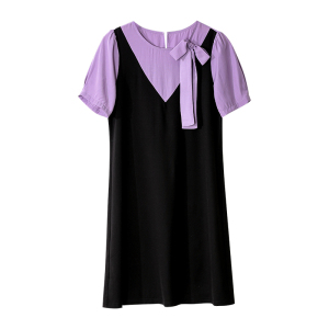 TR39162# 夏季新款紫色上衣收腰显瘦减龄撞色假2件连衣裙 服装批发女装批发服饰货源