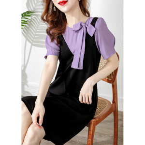 TR39162# 夏季新款紫色上衣收腰显瘦减龄撞色假2件连衣裙 服装批发女装批发服饰货源