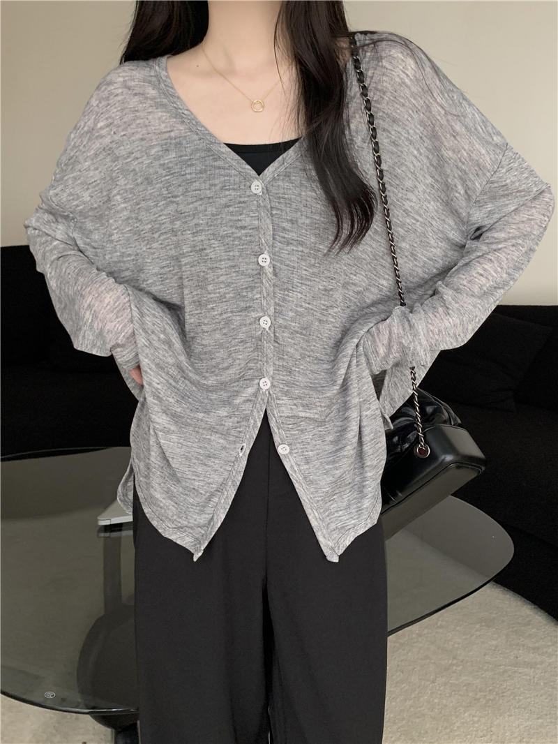 Actual shot of new loose v-neck design sun protection cardigan long-sleeved women's top