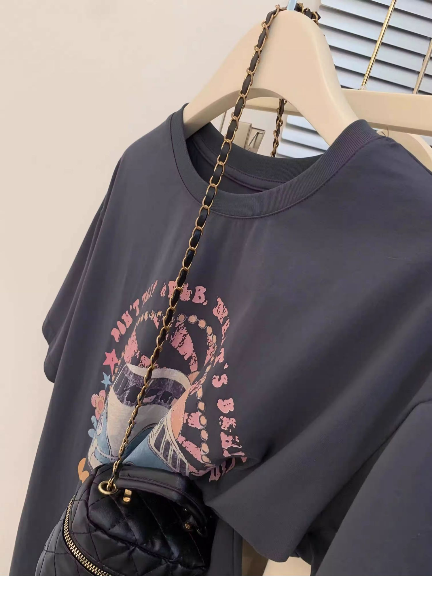 Douyin Xiaohongshu High Quality Cotton Backpack Collar Drop Shoulder New T-shirt Versatile
