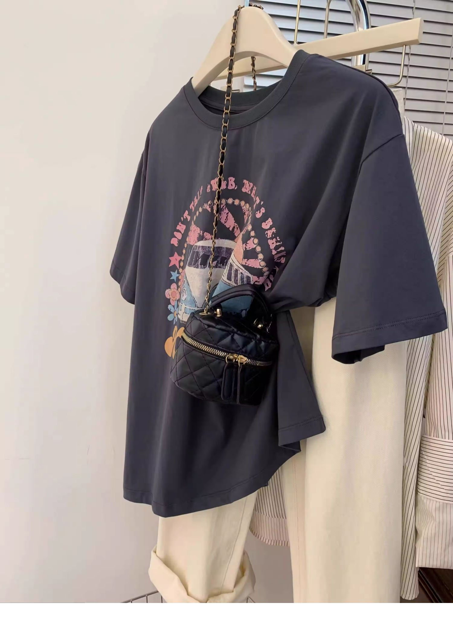 Douyin Xiaohongshu High Quality Cotton Backpack Collar Drop Shoulder New T-shirt Versatile