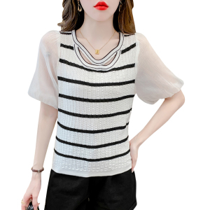 RM20709#时尚撞色条纹雪纺泡泡袖设计感小众韩版洋气时髦大气遮肚上衣女