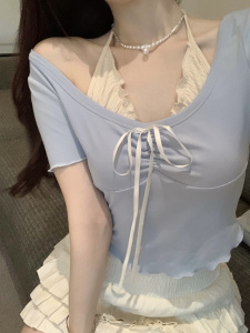 RM17252#初恋奶糖 甜美假两件三色短袖设计短款修身纯欲挂脖上衣