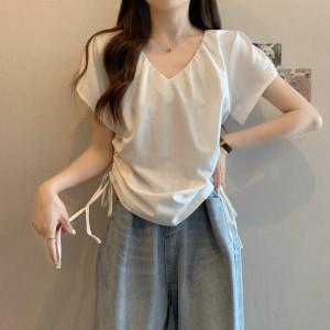 TR43858# 大码女装胖mm夏装设计感V领抽绳褶皱上衣百搭显瘦正肩短袖T桖 服装批发女装批发服饰货源