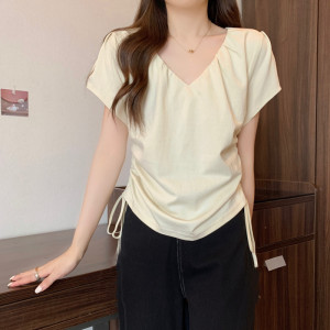 TR43858# 大码女装胖mm夏装设计感V领抽绳褶皱上衣百搭显瘦正肩短袖T桖 服装批发女装批发服饰货源