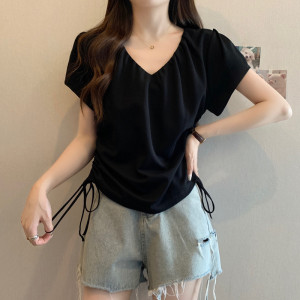 TR43858# 大码女装胖mm夏装设计感V领抽绳褶皱上衣百搭显瘦正肩短袖T桖 服装批发女装批发服饰货源