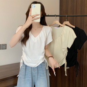 TR43858# 大码女装胖mm夏装设计感V领抽绳褶皱上衣百搭显瘦正肩短袖T桖 服装批发女装批发服饰货源