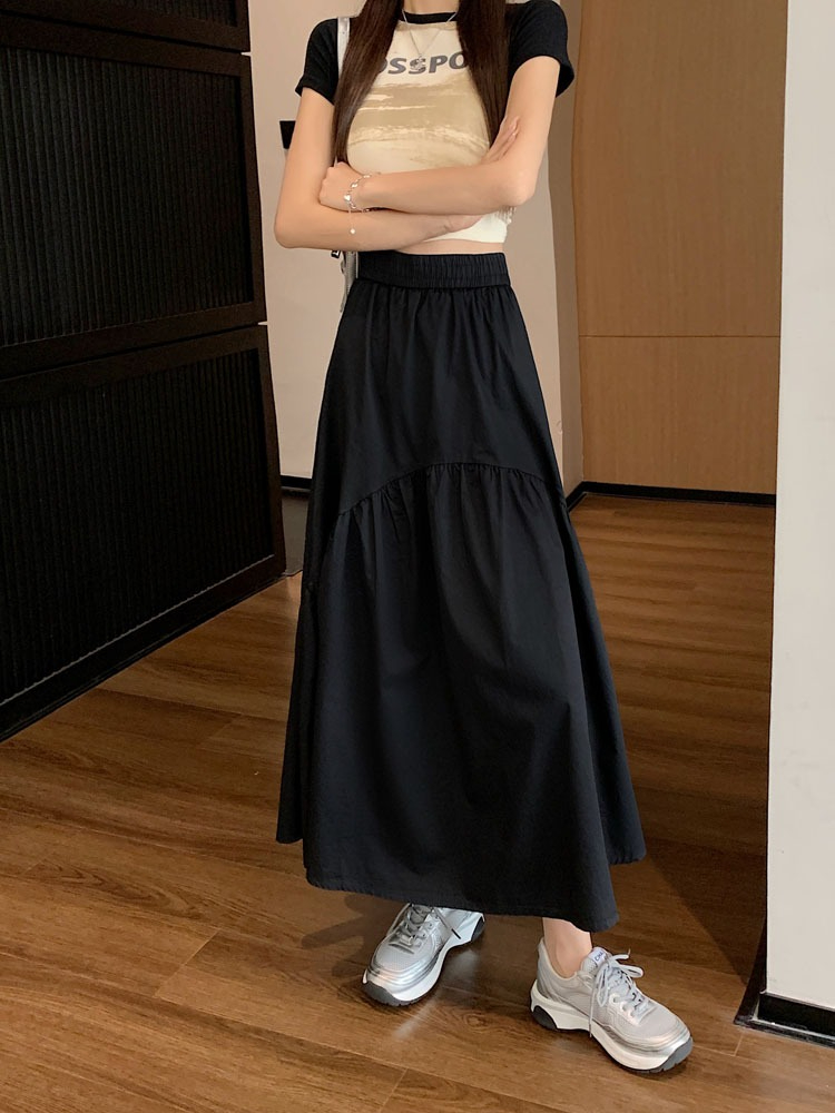 Summer 2023 new Korean version design sense pleated stitching skirt women's elastic waist a-line mid-length skirt