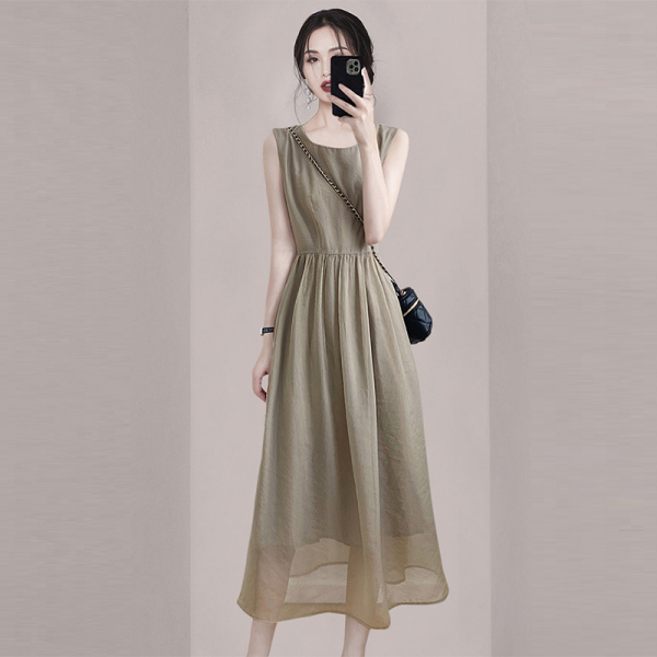 RM22347#连衣裙甜美超修身X型长裙无袖纱套头夏季纯色