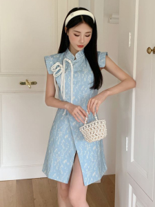 RM18263#中式复古改良旗袍连衣裙女设计感小众中国风斜襟盘扣背心裙