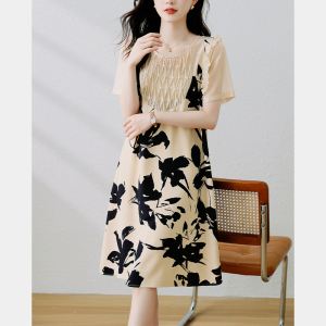 RM21364#大码印花连衣裙2023夏季新款宽松显瘦时尚洋气拼接短袖裙子