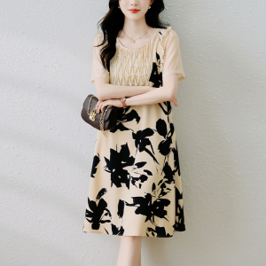 RM21364#大码印花连衣裙2023夏季新款宽松显瘦时尚洋气拼接短袖裙子