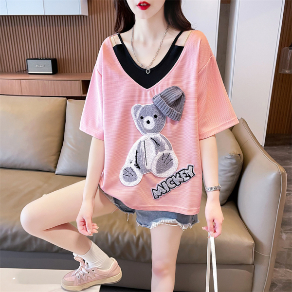 RM18131#夏季华夫格小个子上衣女宽松拼接设计感贴布插色t恤女