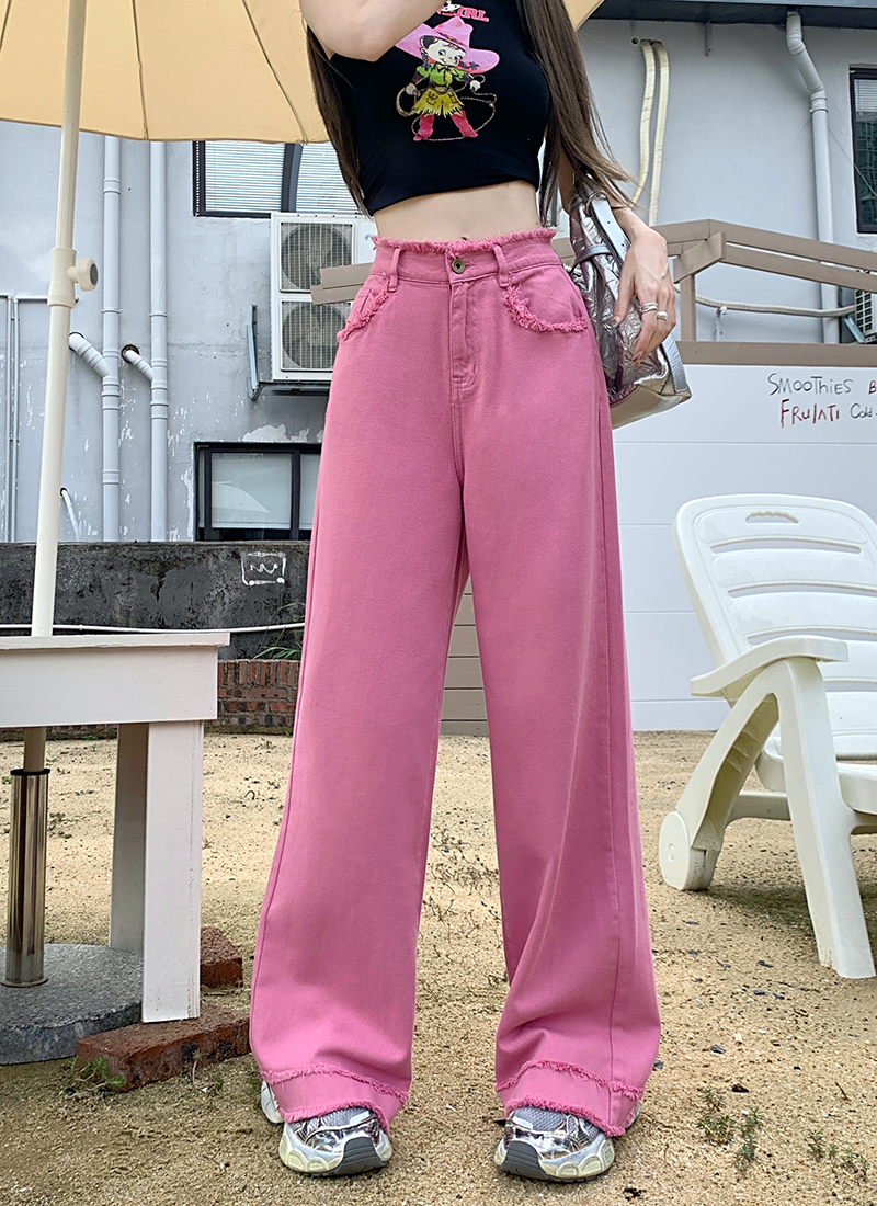 2023 summer new style old washed raw edge jeans women's high waist retro loose mopping wide leg pants
