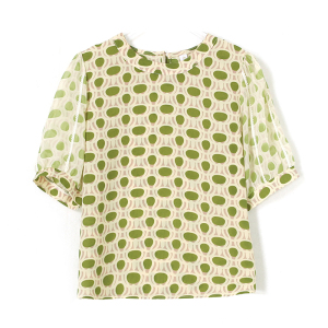 RM19494#衬衫女夏款短袖设计感高级法式泡泡袖拼接蕾丝复古气质波点上衣