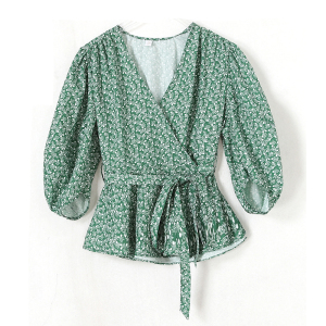 RM19497#法式复古高级感绿色v领碎花衬衫女夏独特短款上衣卡腰洋气小衫