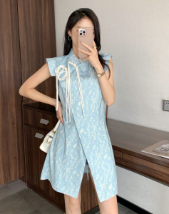 RM18263#中式复古改良旗袍连衣裙女设计感小众中国风斜襟盘扣背心裙