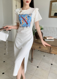 RM18265#国风复古中长款重工珠片刺绣盘扣t恤裙女气质收腰开叉连衣裙