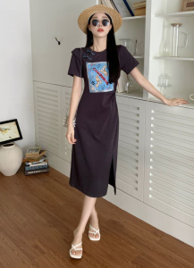 RM18265#国风复古中长款重工珠片刺绣盘扣t恤裙女气质收腰开叉连衣裙