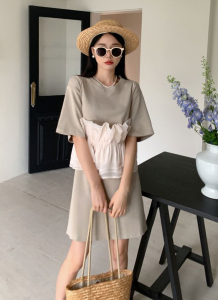 RM18266#假两件T恤裙女夏季新款韩版短袖宽松中长款休闲设计感连衣裙