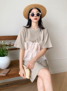 RM18266#假两件T恤裙女夏季新款韩版短袖宽松中长款休闲设计感连衣裙