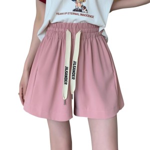 RM17360#粉色雪纺短裤女2023夏季薄款宽松显瘦阔腿冰丝运动高腰休闲裤热裤