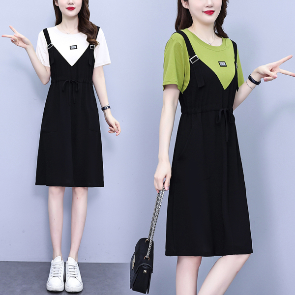 RM18223#大码女装2023年夏季新款韩版减龄拼接假两件口袋连衣裙女