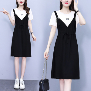 RM18223#大码女装2023年夏季新款韩版减龄拼接假两件口袋连衣裙女