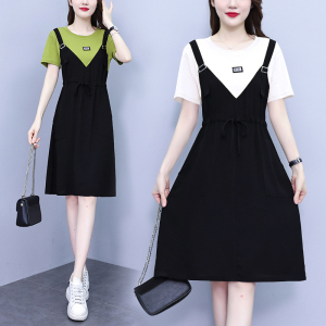 RM18223#大码女装2023年夏季新款韩版减龄拼接假两件口袋连衣裙女