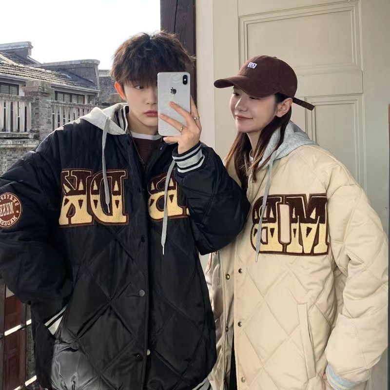 Diamond plaid hooded cotton coat for men and women in winter thickened loose casual cotton coat 2023 new student baseball uniform jacket
