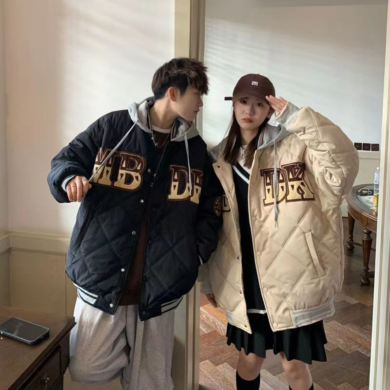 Diamond plaid hooded cotton coat for men and women in winter thickened loose casual cotton coat 2023 new student baseball uniform jacket
