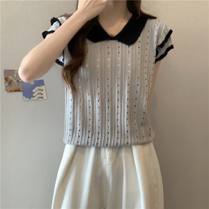 RM21514#夏季新款波浪边撞色短袖针织衫女复古翻领薄款短款上衣