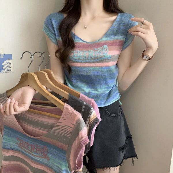 RM18259#彩虹条纹字母针织T恤女夏季新款设计感抽绳薄款短袖针织衫上衣