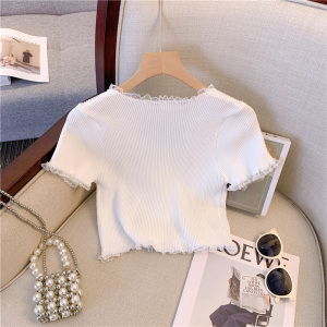 RM18467#针织短袖女薄款2023夏季性感露脐T恤蝴蝶蕾丝边独特设计上衣
